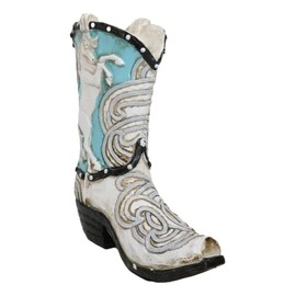 Ebros Gift Rustic Country Western Turquoise and White Prancing Horse Cowboy Boot Decorative Piggy Coin Money Bank Jar Container Figurine