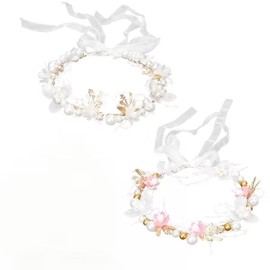 DOINEUFL 2 Packs Flower Girl Hair Accessories, Pink ＆ White Bridal or Festival Hair Accessories & Floral Crown, Pearl & Flower Headband(Hair Band) for Girls, Women,Wedding Guest, Bridesmaids