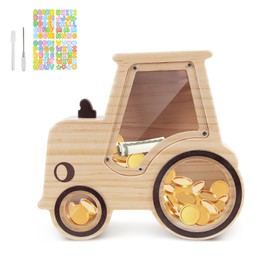 Wooshwa Wooden Money Box for Kids, Cute Tractor Piggy Bank for Boys, Creative Kids Money Saving Box with DIY Stickers and Erasable Pen, Unbreakable Coin Bank for Birthday Christmas Christening Gift
