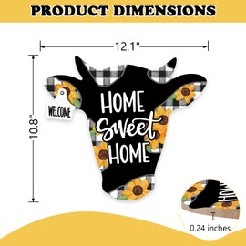 Bolisom Home Sweet Home Cow Front Door Sign, Sunflower Buffalo Plaid Wood Door Hanger Outdoor Outside Porch Decor, Farmhouse Rustic Wooden Wreath Indoor Wall Hanging Decoration