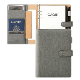 CAGIE System Notebook A5, 6 Holes, Ring Inner Diameter Approx. 1 Inch (25 mm), Magnet Type, Binder, Memo, 120g Thick Paper, With Index, PU Leather, Business Notebook, Card Storage, w/ Pen Holder, Gray