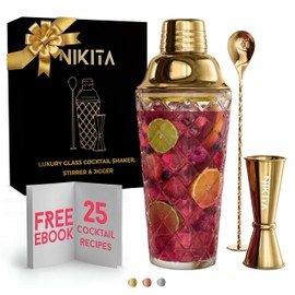 Glass Cocktail Shaker Set - 5 Piece - Gold Martini Shaker Set with Strainer, Jigger, Spoon & Muddler - 16oz Cocktail Shaker Set - Ideal Gift for Home Bar & Drink Trolley Décor