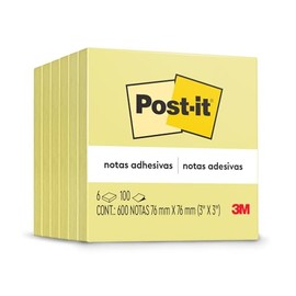 Post-it Notas Adhesivas, Color Amarillo Canario, 7.6cm x 7.6 cm, 6 pads, 100 hojas por pad                                                            