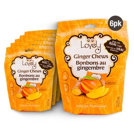 Lovely Candy Co. Mango Ginger Chews, Made with Real Ginger, Individually Wrapped, 5oz (6-Pack) | Gluten-Free, Non-GMO, NO Artificial Ingredients, NO High Fructose Corn Syrup