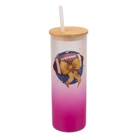 Elanze Designs Ombre Gradient 25 Ounce Frosted Glass Sports Travel Tumbler With Straw & Wooden Lid Football Splatter Blue Gold Coquette Team Bow Pink