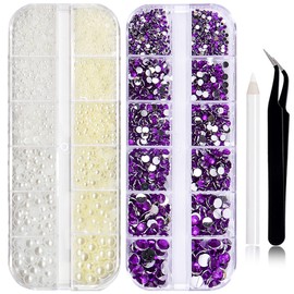 RODAKY 2 Boxes Flatback Pearls and Rhinestones for Crafting,Mixed Size Dark Purple Resin Rhinestones for Nail Gems Bedazzling,White & Beige Half Pearl for Nail Jewelry DIY Crafts Nail Art Decoration