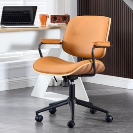 BV Mid Century Modern Office Chair Set of 1, Swivel Rolling Deak Chair with Armrests and Walnut Back, Adjustable Desk Chair for Home Office, Brown