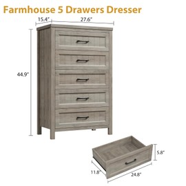 Jocoevol Elegant Farmhouse 5 Drawer Dresser for Bedroom - Tall Chest of Dresser with Spacious Storage, Solid Wood Construction for Living Room, Hallway & Entryway - White & Brown