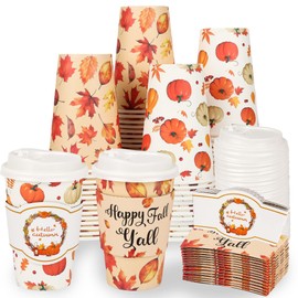 50 Pack 12 oz Fall Disposable Coffee Cups with Lids and Sleeves Fall Paper Cups Autumn Pumpkin Coffee Cup Thanksgiving Maple Leaves Cup Drinking To Go Cup for Fall Harvest Decor, Thanksgiving Supplies