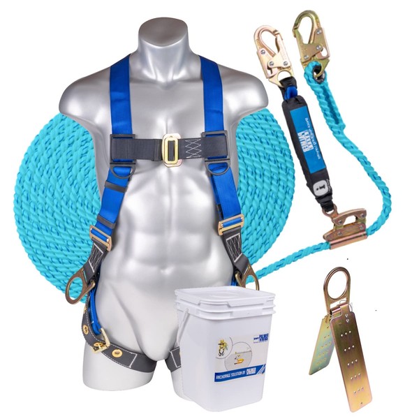 Palmer Safety Fall Protection Roofing Bucket Kit I Full-Body Harness, 50' Vertical Rope & Anchor Set I Construction Fall Arrest Kit for Roofers & Construction Workers I OSHA & ANSI Compliant Equipment
