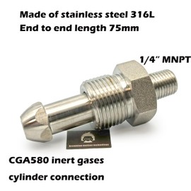 CGA580 - Pezones de alta presión para gas inerte comprimido a macho NPT 1/4 pulgadas MNPT, CGA 580 adaptador de cilindro hecho de acero inoxidable 304 (CGA580, SS304, longitud = 75 mm, 1 unidad)