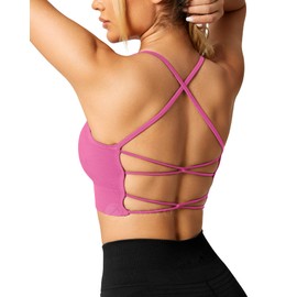 ZAAYO Women's Gym Bra Padded Crossback Fitness Sports Bra Removable Chest Pad Yoga Tops Knitted Seamless Sportswear, pink