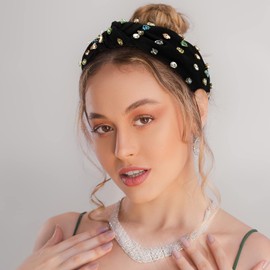 1PC Crystal Knotted Headband for Women Non Slip Rhinestone Headband Black Head Band Fashion Wide Headbands Hair Accessories for Women Girls (Black, One size)