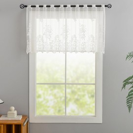 Kotile Ivory Sheer Valance Curtain W62 x L22 Inch 1 Panel French Country Floral European Lace Valance Curtain for Kitchen Windows, Privacy Punched Holes Vintage Short Window Valance Curtains