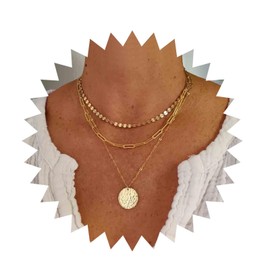 Andelaisi Boho Paperclip Chain Choker Necklace Layered Paperclip Link Chain Necklace Gold Disc Coin Choker Necklace Vintage Clasp Paperclip Chain Necklace Jewelry for Women