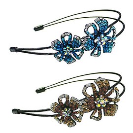 Bella Set of 2 Crystal Flower Headbands Adjustable Metal Wire Hair Bands U0056aquaTopaz