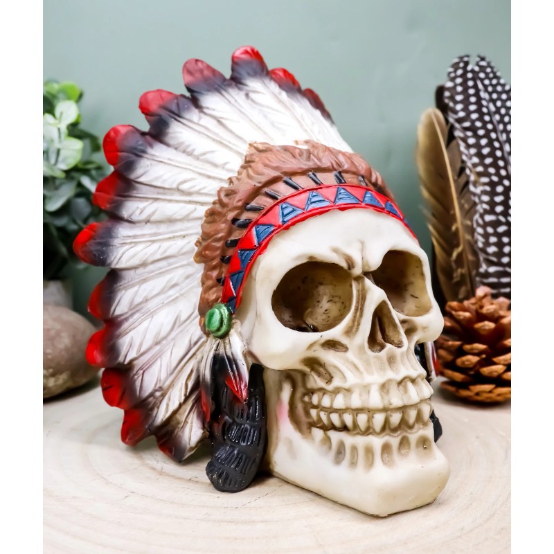 Tribal Hunter Chieftain Mohawk Indian Warrior Skull With Roach Skeleton