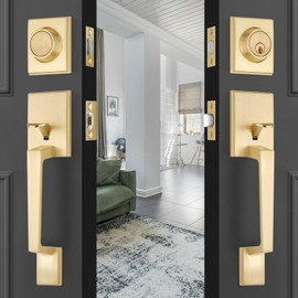 EHOMEWARE Brass Double Front Door Handle Set, Gold Heavy Duty Square Door Lever and Single Cylinder Deadbolt Combo for Side by Side Entrance Exterior Doors, Satin Brass Finish