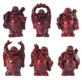 Addune Set of 6 Laughing Happy Buddha Statue Resin Figurines Feng Shui for Luck Wealth Good Gift and Collection (2.5'', Dark red)