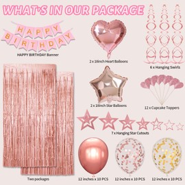HYKJNBW Rose Gold Birthday Party Decorations, Happy Birthday Banner, Rose Gold Fringe Curtain, Heart Star Foil Confetti Balloons, Hanging Swirls for Women Girls Birthdays Princess Party