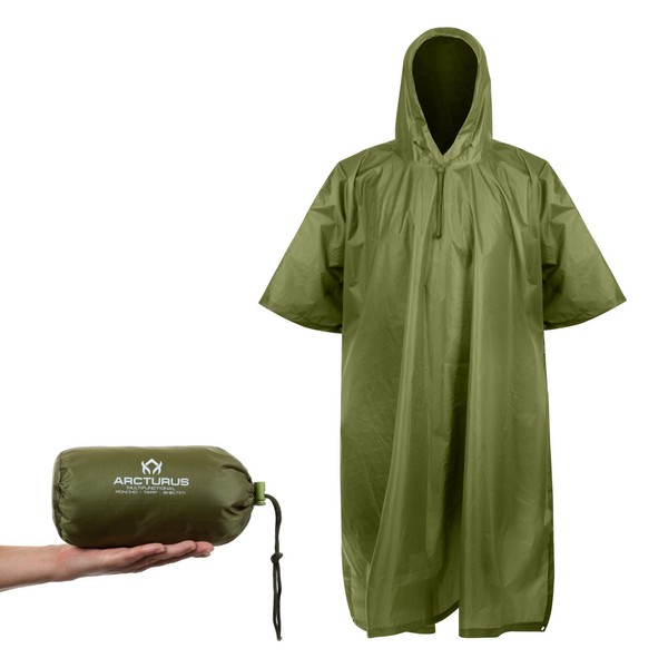 Arcturus Lightweight Ripstop Nylon Poncho with Adjustable Hood (Olive)