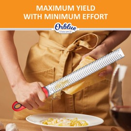 Orblue Lemon Zester & Cheese Grater - Premium Citrus Zester, Kitchen Grater for Parmesan, Chocolate, Fruits, Vegetables, Ginger, Garlic, Nutmeg - Stainless Steel Blades with Protective Cover, Red
