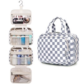 Narwey Hanging Toiletry Bag for Women Travel Makeup Bag Organizer Toiletries Bag for Travel Size Essentials Accessories Cosmetics (Grayish Blue Checkerboard (Medium))
