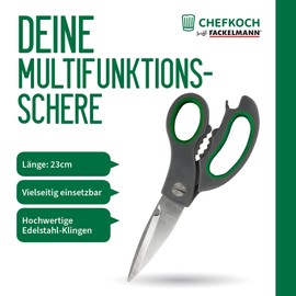 Chefkoch trifft Fackelmann Multifunktionsschere – Robustes Edelstahlwerkzeug für Küche und Haushalt, ergonomischer Griff mit Soft-Grip Einsätzen, vielseitig einsetzbar