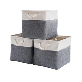 Mangata Canvas Cube Storage Boxes, 25x25x25cm Storage Baskets for Shelves Organizing Clothes Nursery Home(Cold Grey&White, Set of 3)