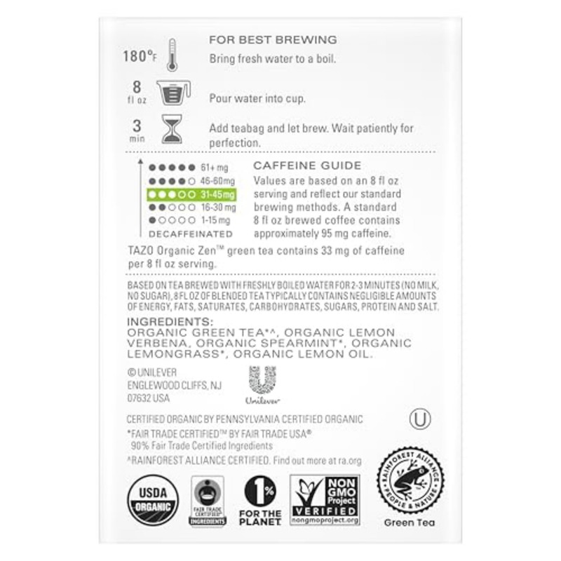 TAZO Organic Zen Green Tea Bags, Caffeine Free Tea with