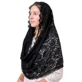 YHDDYG Black Lace Mantilla Infinity Veil for Funeral - Elegant Mourning Head Cover Scarf for Women Head Covering with Soft Floral Rose Design S121 (Black)