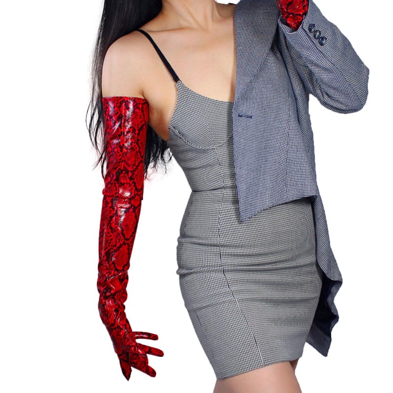 DooWay Super Long Leather Gloves Animal Print Python Snakeskin PU