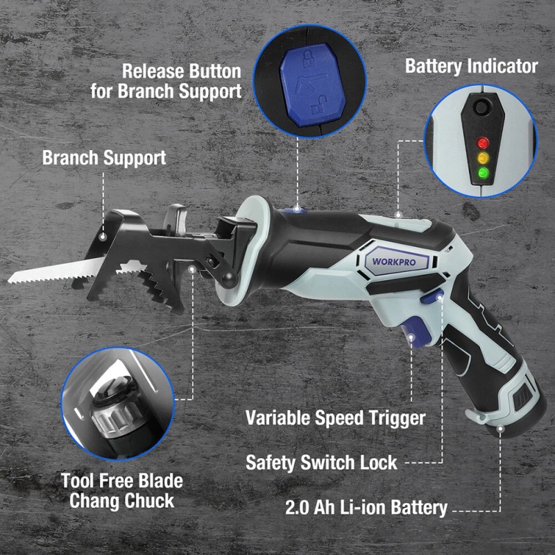 Workpro 12V Cordless Reciprocating Saw 2.0Ah Li-Ion Battery Fast Charger