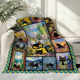 Black Cat Gifts for Women, Funny Black Cat Blanket for Women, Cat Throw Blankets for Cat Lovers, Black Cat Floral Aesthetic Paintings Prints Decor Soft Flannel Christmas Mothers Day 50''x 60''
