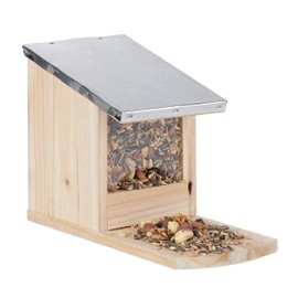 Relaxdays Squirrel Feeder, Wooden Feeding House - Weatherproof Metal Roof - Stand Up - Squirrel Drey, Colours