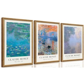 SYWENNOI 3 Pieces Wood Frames Vintage Canvas Wall Art, Claude Monet Impressionism Art Wall Decor, Minimalist Classic Botanical Designs Painting Prints for Living Room Bedroom Offices 12x16 Inch