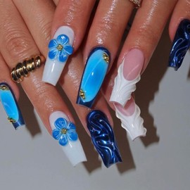 Long Coffin Press on Nails Ballerina Fake Nails with Designs Flower Stick on Nails French False Nails 3D Blue Lines Acrylic Nails Glossy Artificial Nails Full Cover Glue on Nails for Women 24Pcs