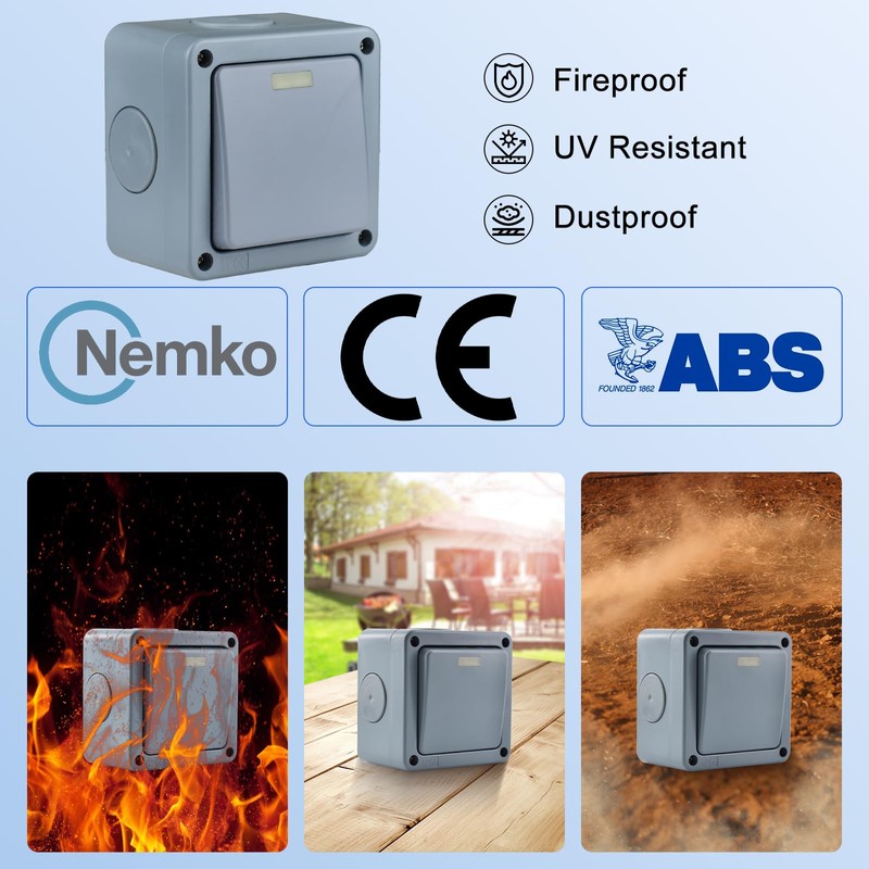 Weatherproof Electrical Outdoor Switch, Single Wall Light Switch IP66 Waterproof,