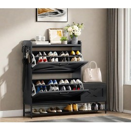 DWVO Farmhouse Shoe Cabinet, Slim Shoe Storage Cabinet with Bench, Narrow Shoe Organizer for Entryway, Living Room, Hallway (Black)