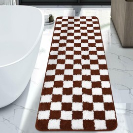 Uphome Bath Rug Runner, Brown Checker Plaid Extra Long Bathroom Rug, Water Absorbent Machine Wash Bathroom Floor Mat, Non Slip Plush Microfiber Long Bath Mat for Living Room Hallway Tub, 24x71 inch