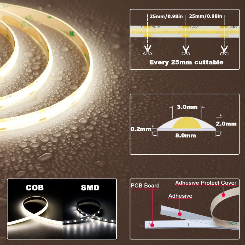 TOPAI 12V COB LED Strip Light 4000K Natural White Waterproof