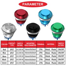 MKBKLLJY 6Pcs 16mm Momentary Push Button Switch Silver/Black/Red/Blue/Green Metal Shell,IP65 Waterproof 12V 24V 36V DC 110V 250V AC 5A 1NO SPST Screw Terminal with Wires,for Car, Boat,Without LED