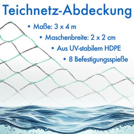 Royal Gardineer Pond Cover Pond Net Cover 8 Fixing Spikes 2x2cm Mesh 3x4m (Fine Mesh Pond Net Cover, Leaf Protection Netting, Netting)