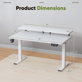 Shahoo Electric Standing Desk with Monitor Shelf, 55 x 24 Inches Height Adjustable Corner Table, Computer Workstation with Cup Holder and Hook for Home Office, White, 55x24 Inch