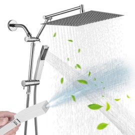 KEBAO 10 Inch All Metal Rain Shower Head with Handheld,High Pressure Handheld Shower Heads 2 in 1 With 16"Adjustable Extension Arm,Max.75" Flexible Hose,3-way Diverter,Height/Angle Adjustable Chrome