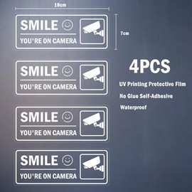 Video Surveillance Sign 4Pcs-24 Hour Surveillance Sign Security Stickers Self Adhesive Decal for Window Door Car (Smile You're On Camera)