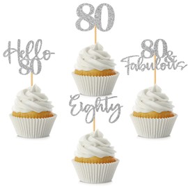 48 piezas de adornos para cupcakes de 80 cumpleaños, con purpurina, Hello 80 cupcakes, 80 fabulosas 80 púas para decoraciones de pasteles para feliz cumpleaños 80, boda, aniversario, fiesta, decoración de pasteles, color plateado