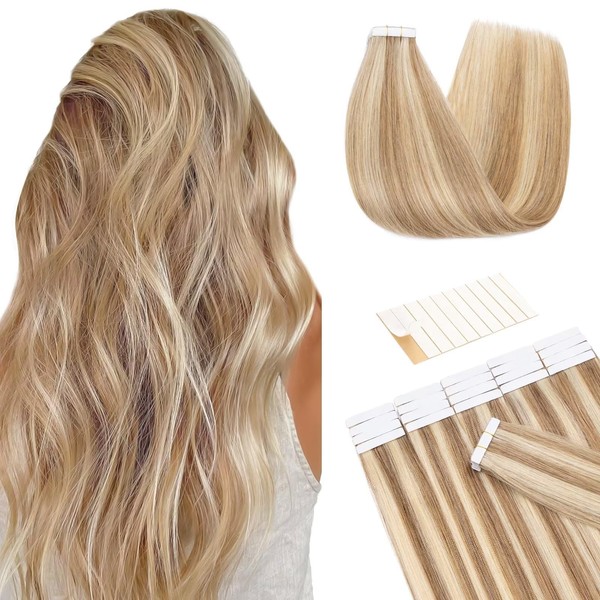 Tess Tape Extensions Real Hair Ombre Light Brown/Blonde #12/613 Hairpieces, Tape-In Hair Extensions, Remy Human Hair, Straight, 10 Pieces, 20 Inches (50 cm) – 25 g