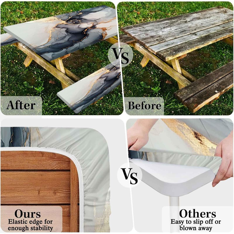 CAPSCEOLL Fitted Picnic Table Cover with Bench Covers, Outdoor Tablecloth
