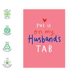 Funny Love Card for Husband - Put It on My Husband’s Tab - Humorous Anniversary, Valentine’s Day, Birthday Gifts for Him, Spouse, Partner, Men, Married Couples, Babe, Hun - Comes with Stickers